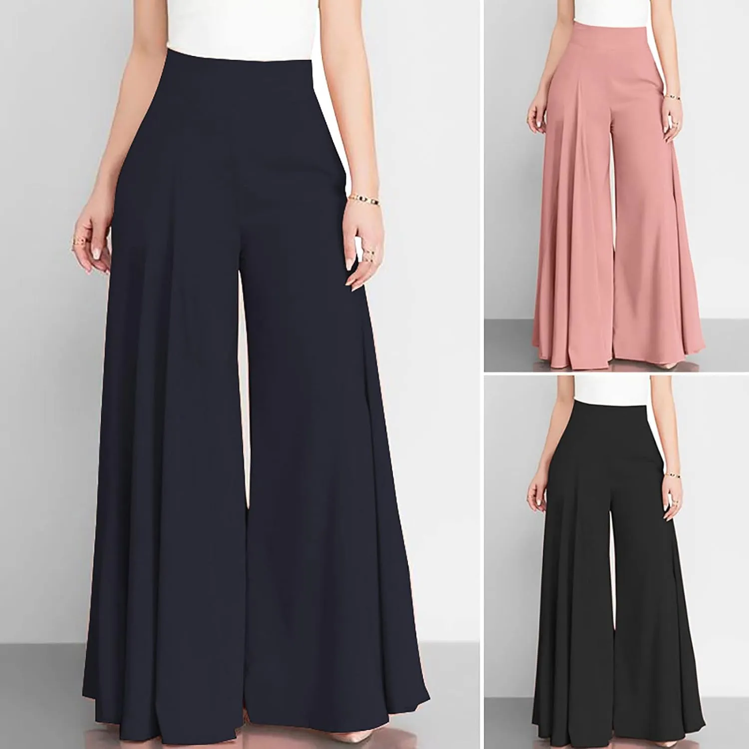 BOXIACEY Wide Leggings for Women Casual Solid Elegant High Waist Pants Stretchy Loose Fit Long Flare Trousers with Pockets