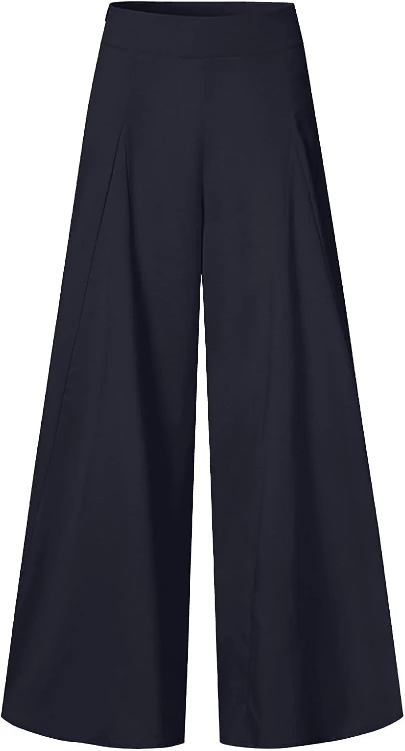 BOXIACEY Wide Leggings for Women Casual Solid Elegant High Waist Pants Stretchy Loose Fit Long Flare Trousers with Pockets