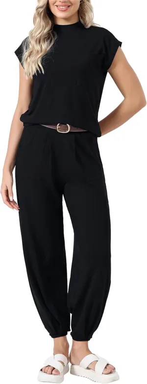 BUENOS NINOS Two Piece Summer Sets, Outfits for Women Sweater Pullover Tops High Waisted Pants Tracksuits Lounge Sets