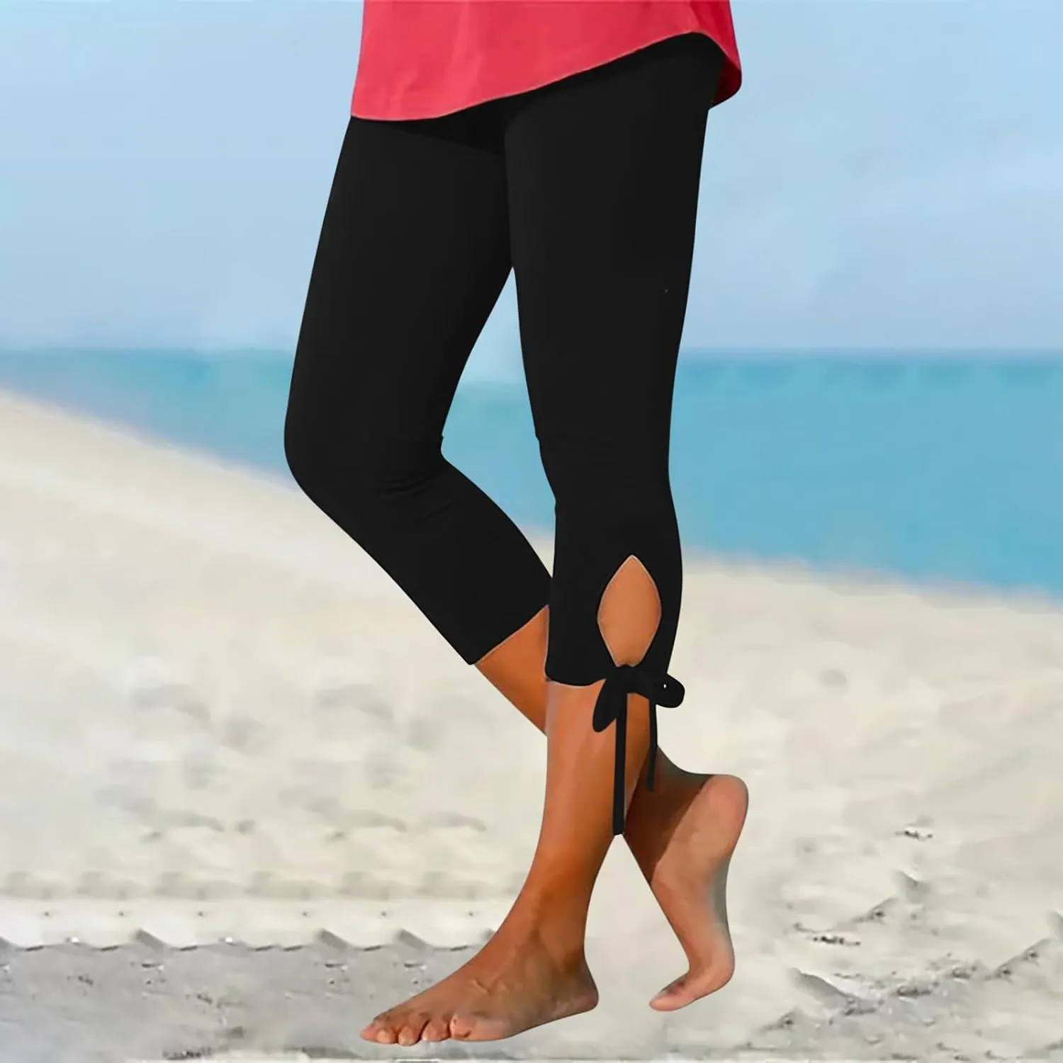 Capri Leggings For Women Knee Length Workout Cropped Pants Hollow/Lace Patchwork High Waist Trendy Petite Trousers