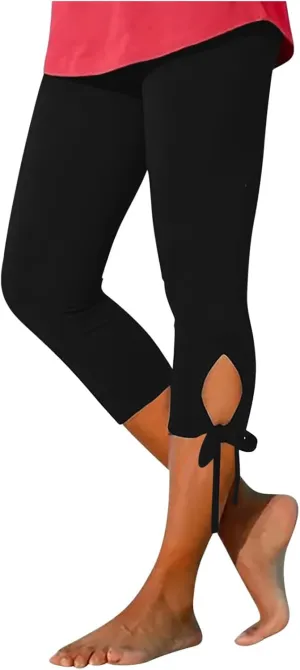 Capri Leggings For Women Knee Length Workout Cropped Pants Hollow/Lace Patchwork High Waist Trendy Petite Trousers