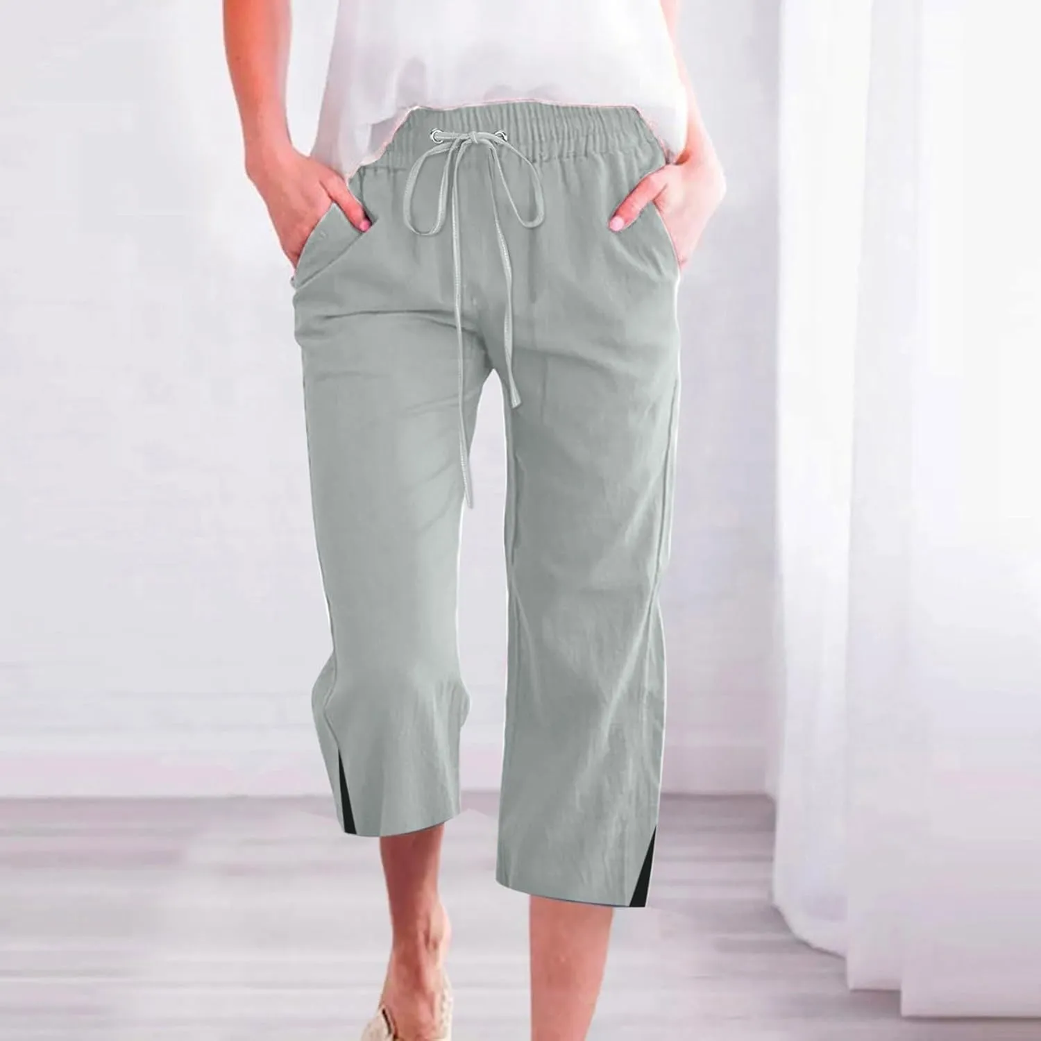 Capri Linen Pants for Women Summer Casual Wide Leg Pants Loose Fit Palazzo Pants Elastic Waist Cropped Trousers S-5X
