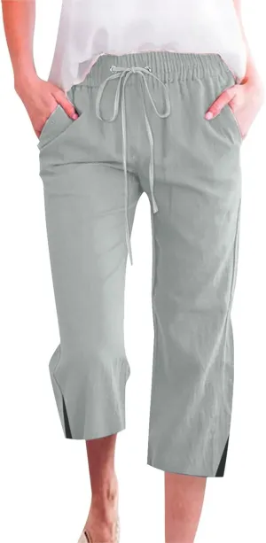 Capri Linen Pants for Women Summer Casual Wide Leg Pants Loose Fit Palazzo Pants Elastic Waist Cropped Trousers S-5X