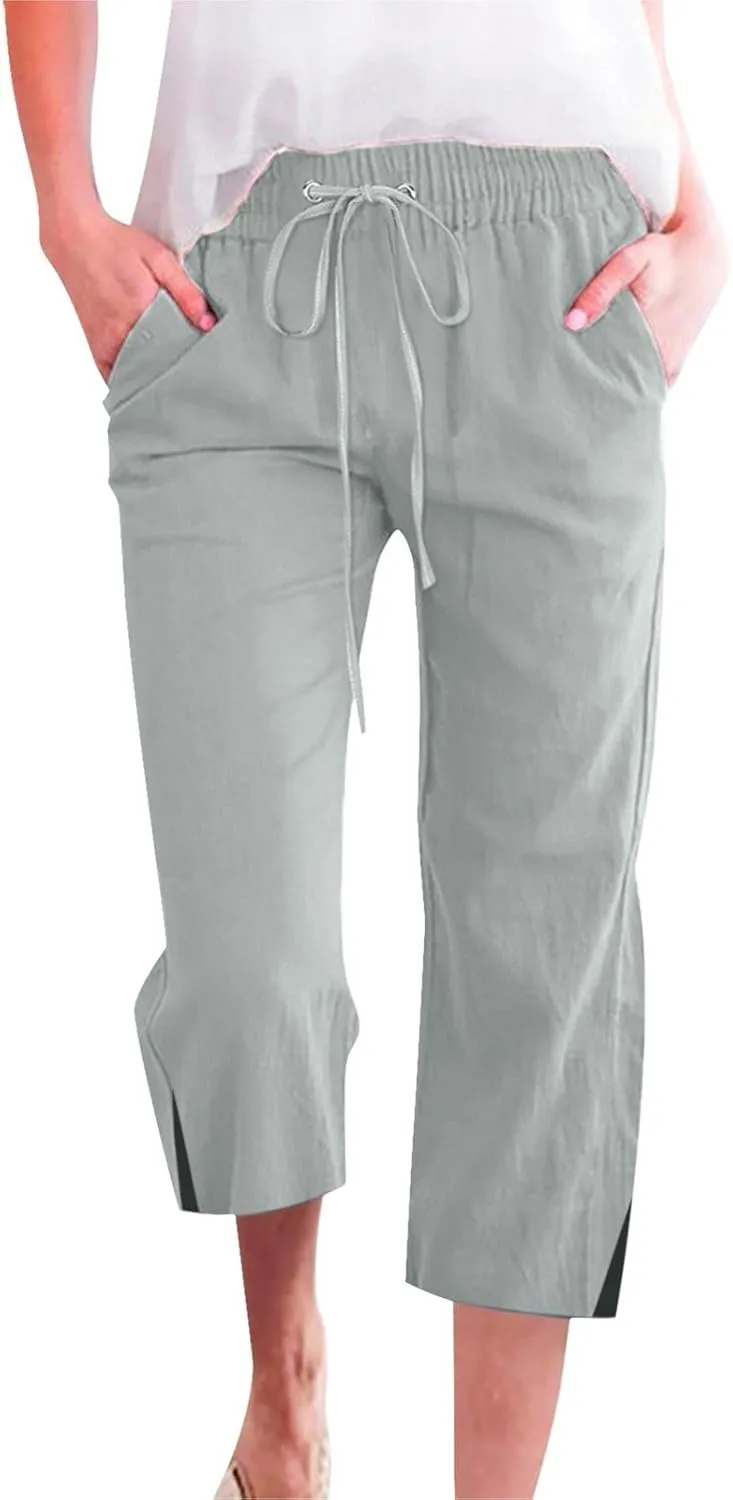 Capri Linen Pants for Women Summer Casual Wide Leg Pants Loose Fit Palazzo Pants Elastic Waist Cropped Trousers S-5X