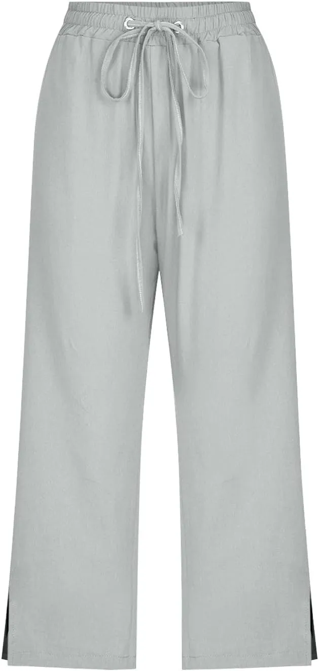 Capri Linen Pants for Women Summer Casual Wide Leg Pants Loose Fit Palazzo Pants Elastic Waist Cropped Trousers S-5X