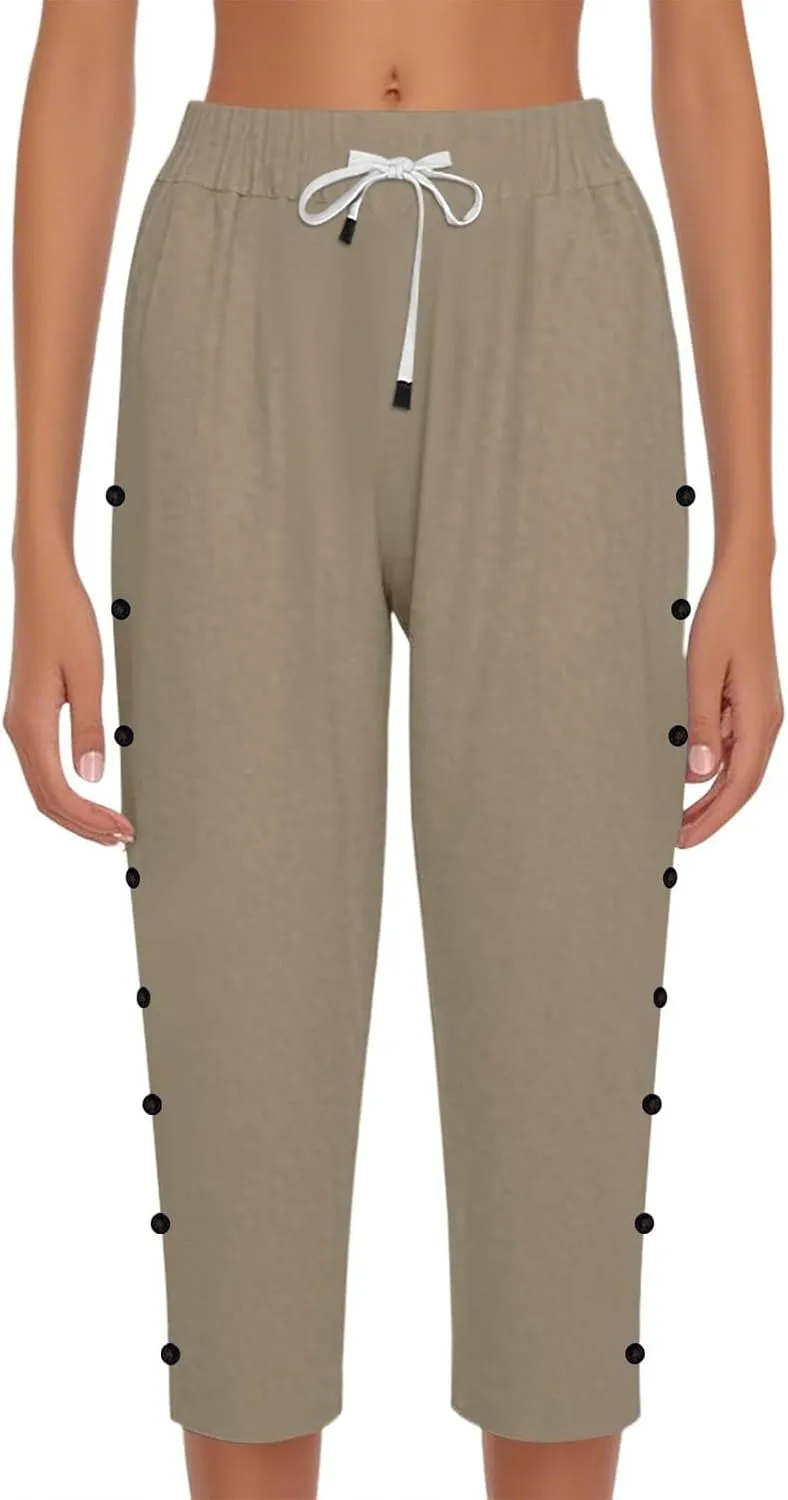 Capri Pants for Women Summer High Waist Elastic Straight Leg Lounge Pant Lightweight Side Button Beach Trousers