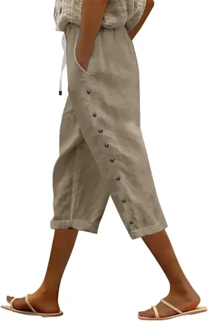 Capri Pants for Women Summer High Waist Elastic Straight Leg Lounge Pant Lightweight Side Button Beach Trousers