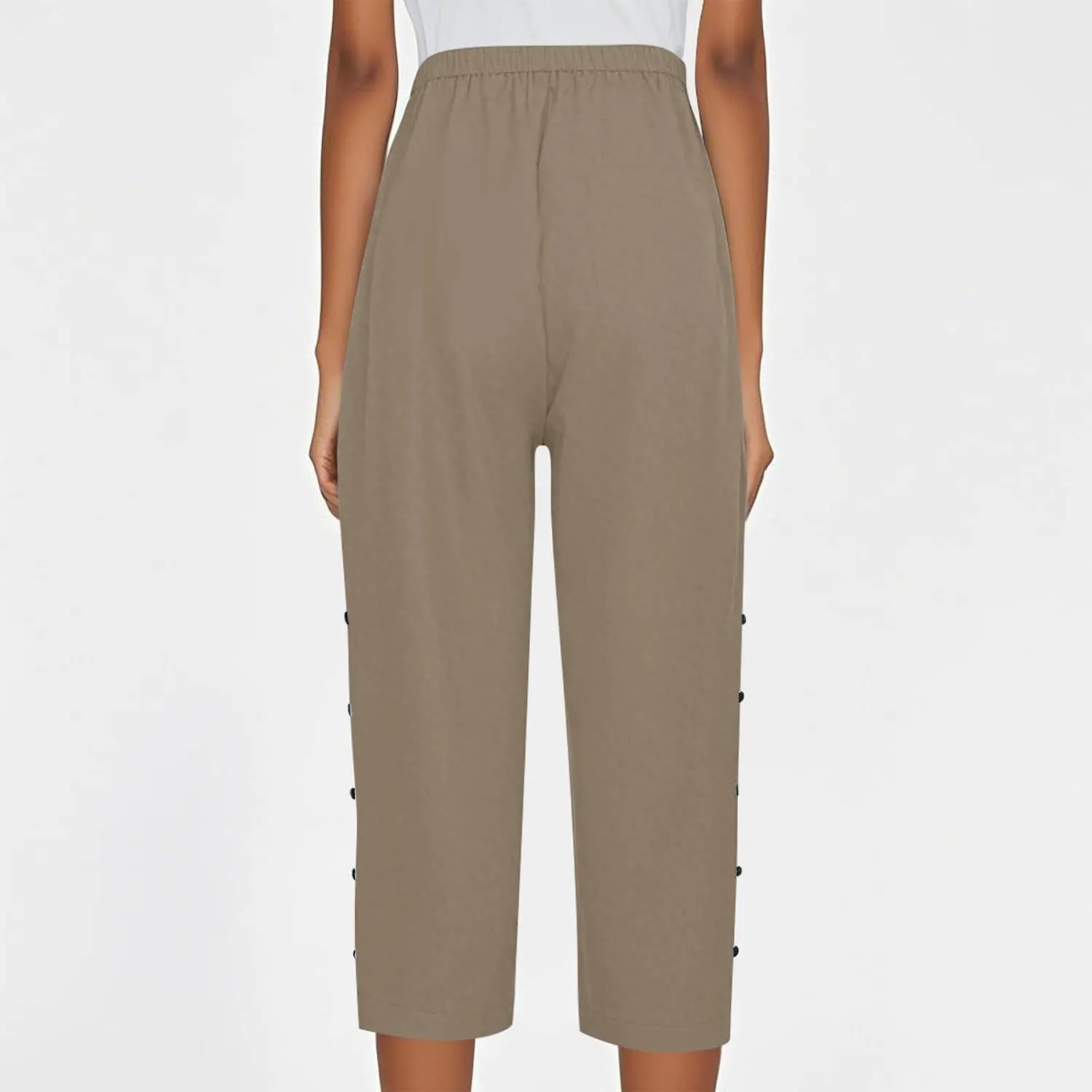 Capri Pants for Women Summer High Waist Elastic Straight Leg Lounge Pant Lightweight Side Button Beach Trousers