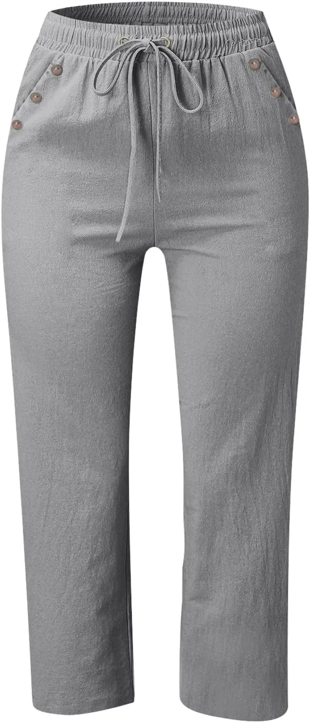 Capris Pants for Women Cotton Linen Casual Summer Straight Wide Leg Loose Drawstring Elastic Waist Cropped Trouser