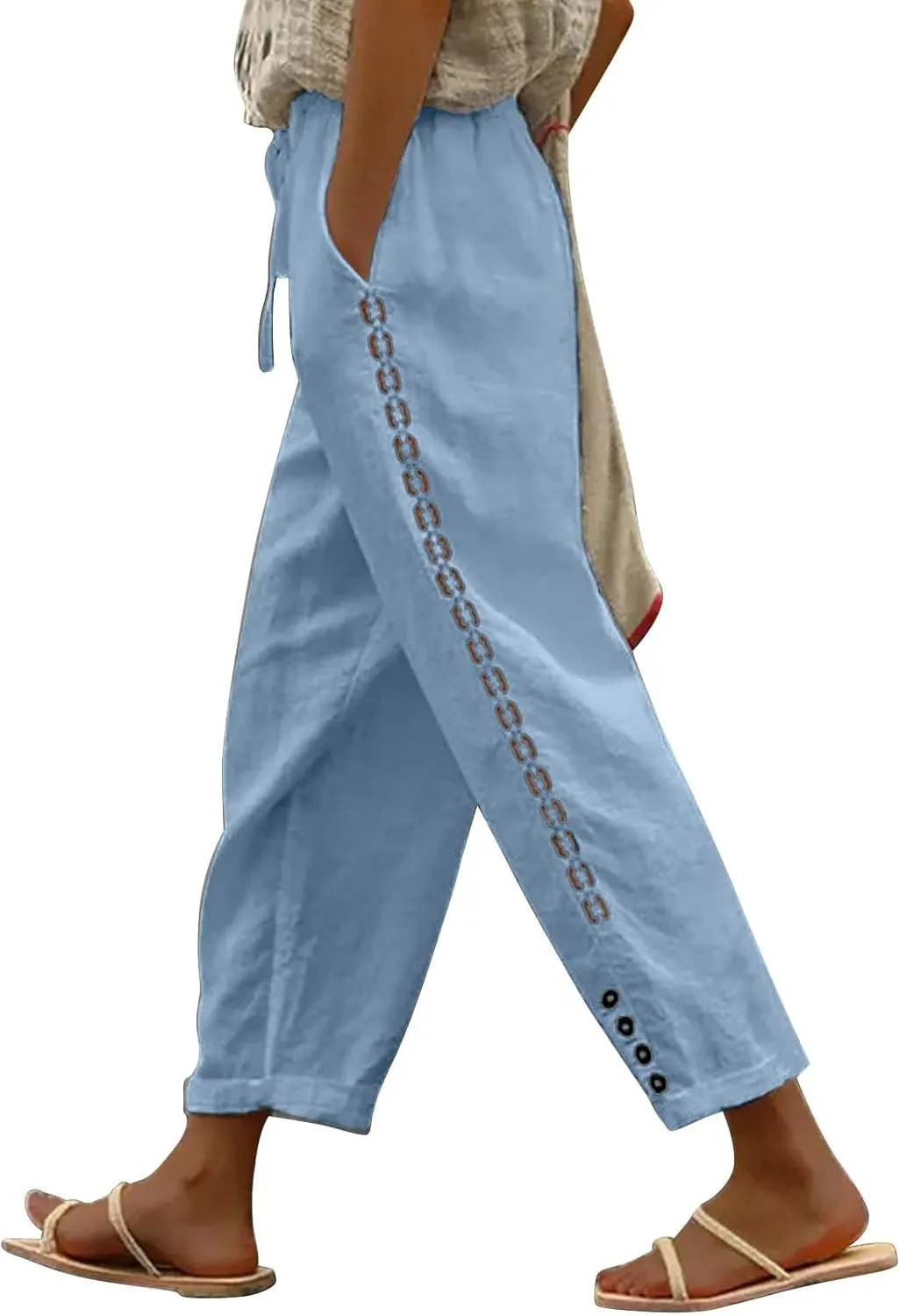Capris Pants For Women High Waist Elastic Casual Trousers 2024 Summer Baggy Cropped Pant Lace Patchwork Comfy Pants