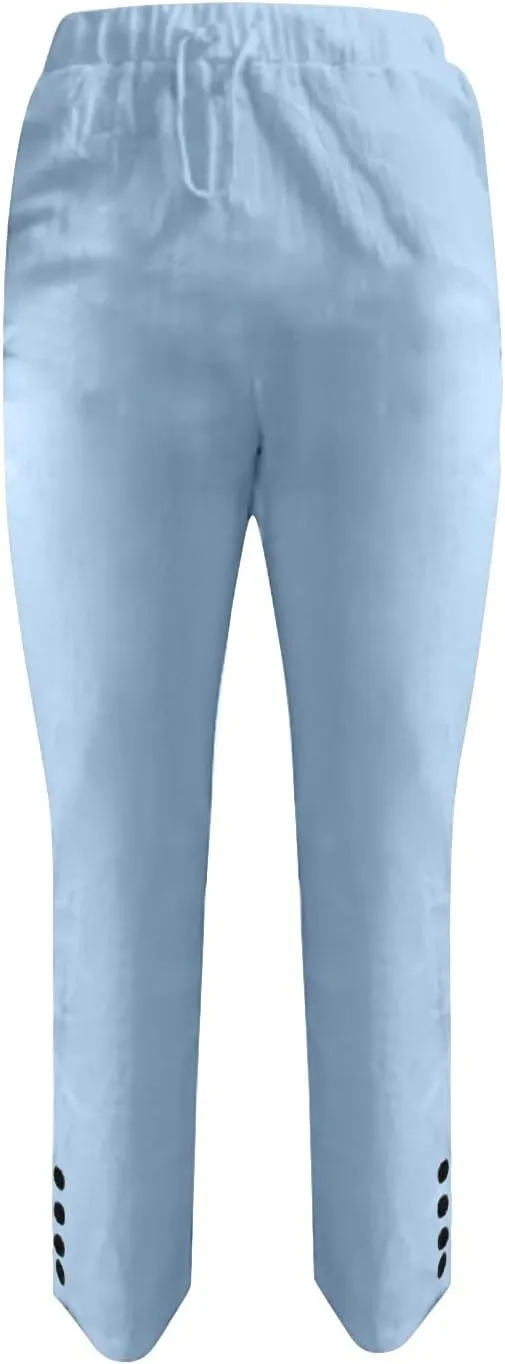 Capris Pants For Women High Waist Elastic Casual Trousers 2024 Summer Baggy Cropped Pant Lace Patchwork Comfy Pants