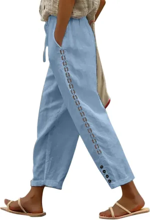 Capris Pants For Women High Waist Elastic Casual Trousers 2024 Summer Baggy Cropped Pant Lace Patchwork Comfy Pants
