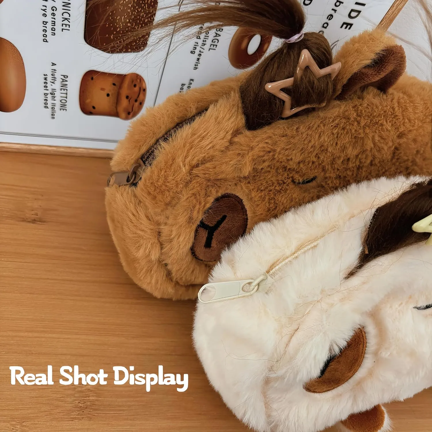 Capybara Flying Hair Makeup Bag - Fluffy DIY Styling Makeup Bag with Mini Comb, 8.3"x5.5" Plush Storage Bag for Women (Brown)
