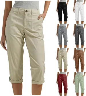 Cargo Capri Pants for Women Dressy Casual High Waisted Capris Summer Loose Elastic Waist Cropped Trouser with Pockets