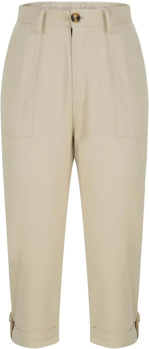 Cargo Capri Pants for Women Dressy Casual High Waisted Capris Summer Loose Elastic Waist Cropped Trouser with Pockets