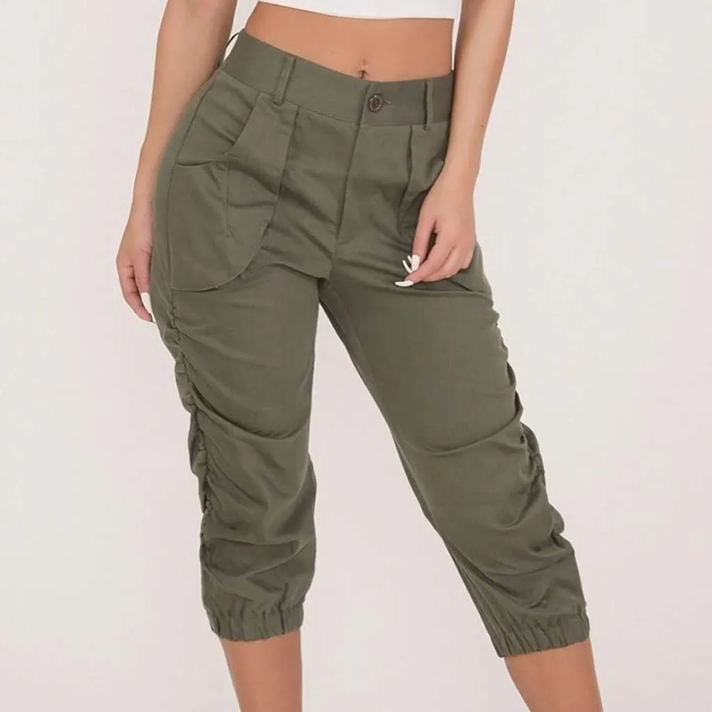 Cargo Capris for Women with Pockets Plus Size Button Up High Waist Capri Pants Ruched Capris Cargos Trousers