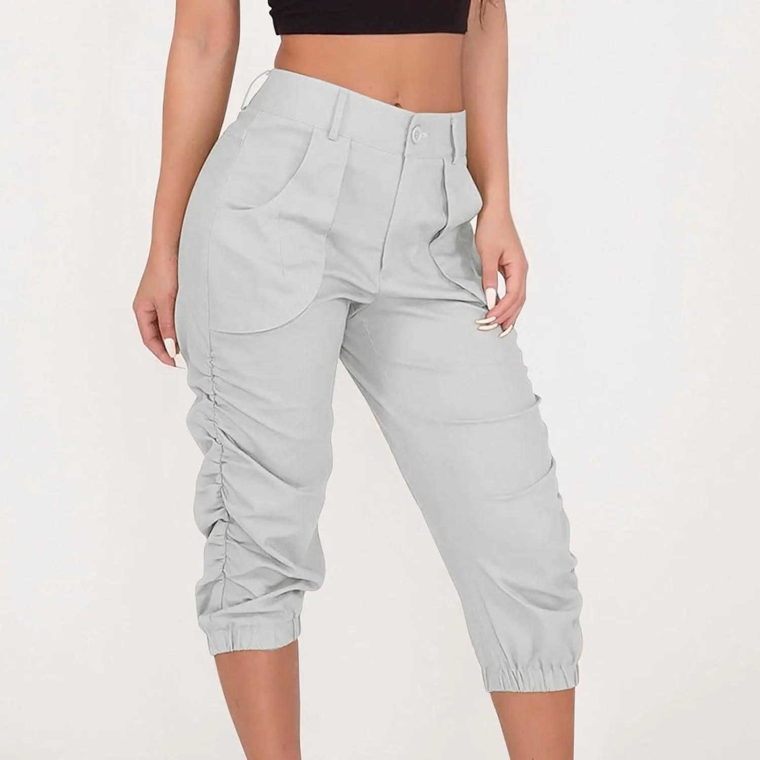 Cargo Capris for Women with Pockets Plus Size Button Up High Waist Capri Pants Ruched Capris Cargos Trousers