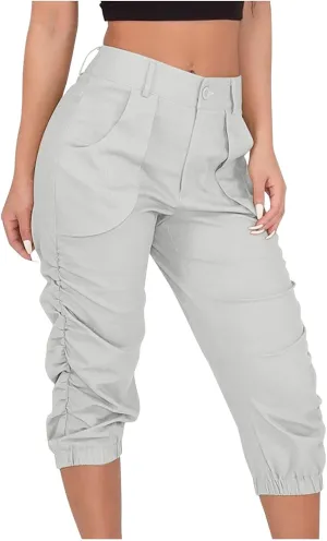 Cargo Capris for Women with Pockets Plus Size Button Up High Waist Capri Pants Ruched Capris Cargos Trousers