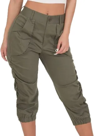 Cargo Capris for Women with Pockets Plus Size Button Up High Waist Capri Pants Ruched Capris Cargos Trousers
