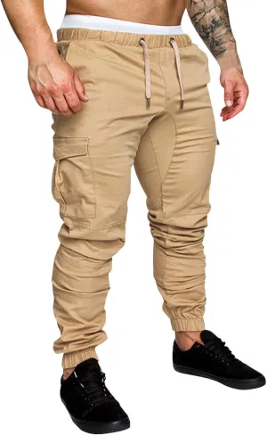 Cargo Joggers Men Casual Slim Fit Chino Trousers with Pockets Fashion Drawstring Cotton Sweatpants