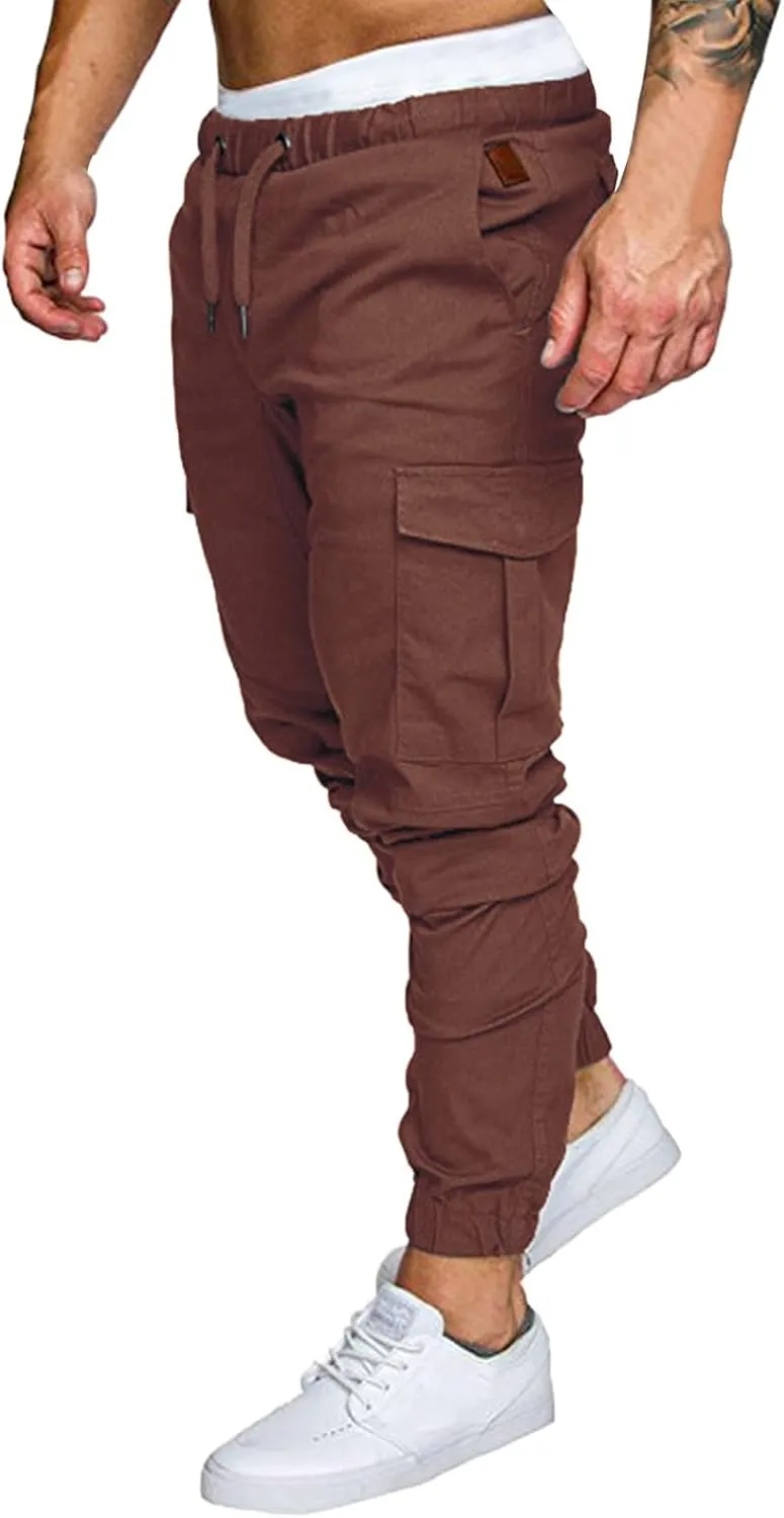 Cargo Joggers Men Casual Slim Fit Chino Trousers with Pockets Fashion Drawstring Cotton Sweatpants