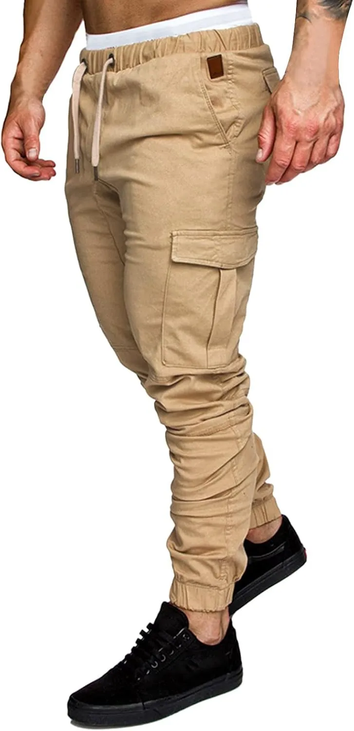 Cargo Joggers Men Casual Slim Fit Chino Trousers with Pockets Fashion Drawstring Cotton Sweatpants