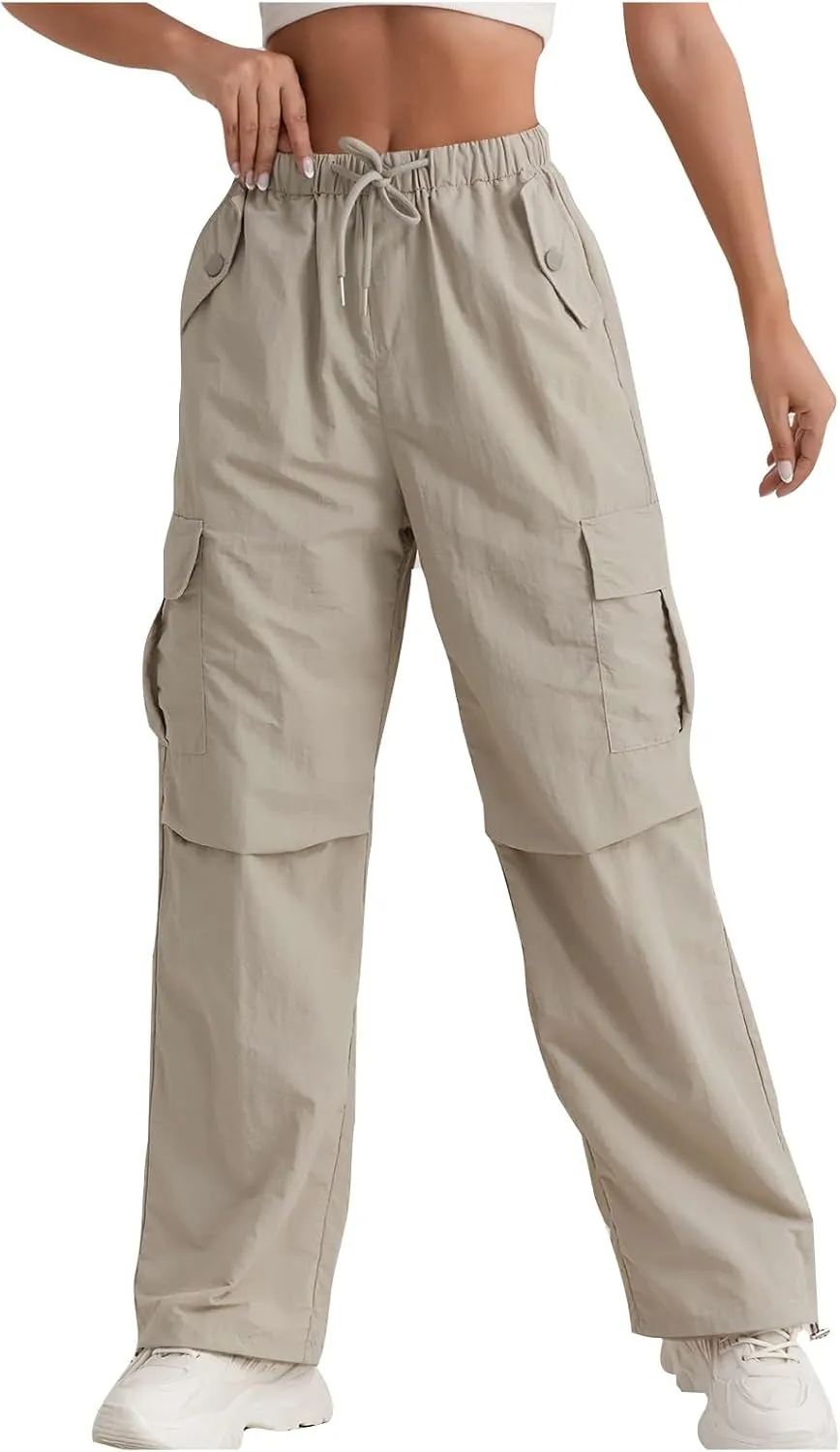 Cargo Pants Women Quick Dry Baggy Hiking Pants Elastic High Waist Drawstring Lightweight Y2K Clothes with Pockets