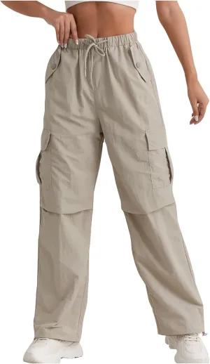 Cargo Pants Women Quick Dry Baggy Hiking Pants Elastic High Waist Drawstring Lightweight Y2K Clothes with Pockets