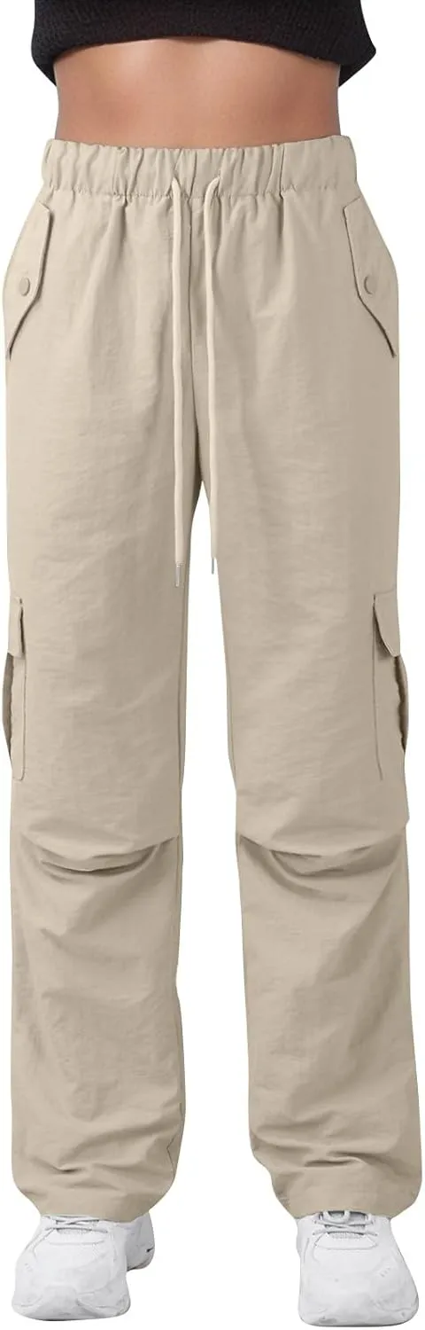 Cargo Pants Women Quick Dry Baggy Hiking Pants Elastic High Waist Drawstring Lightweight Y2K Clothes with Pockets