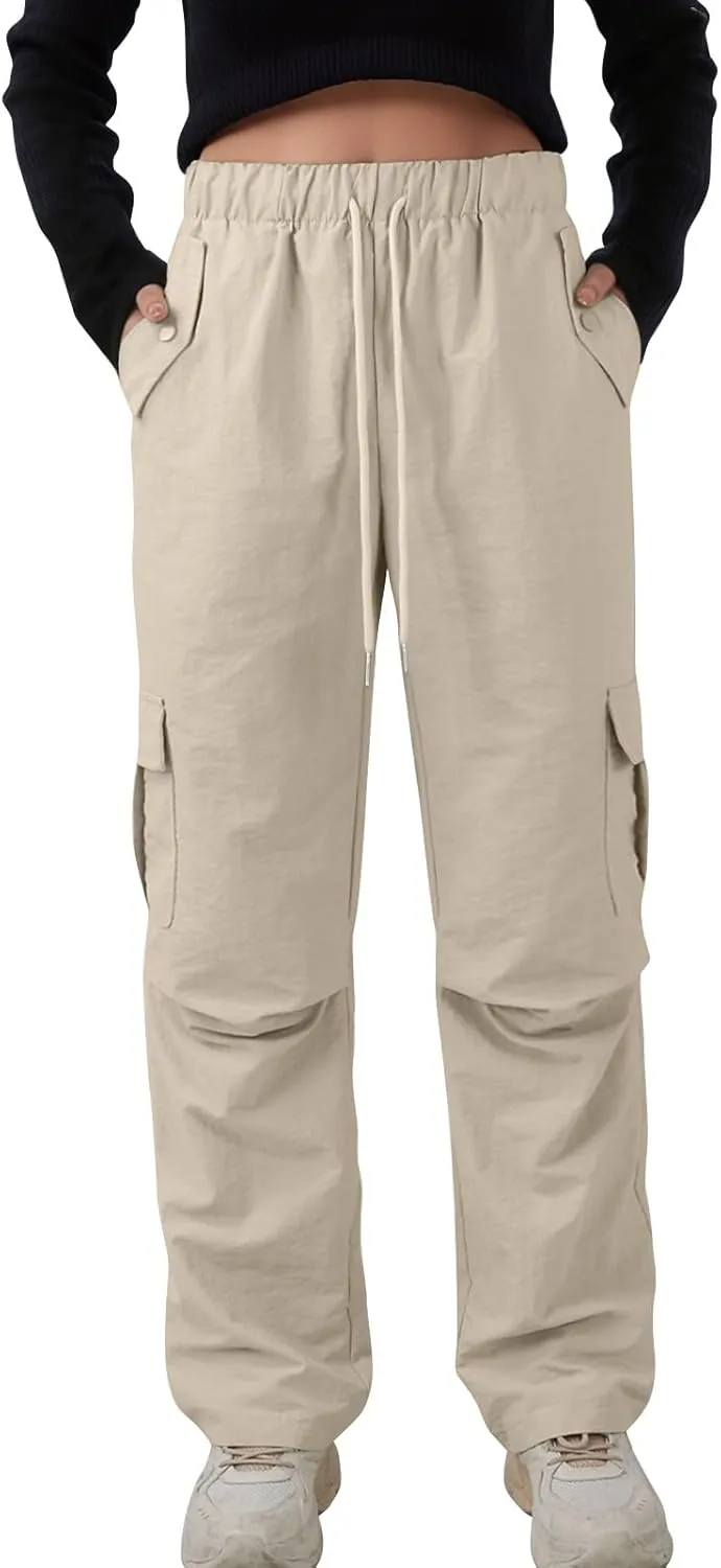 Cargo Pants Women Quick Dry Baggy Hiking Pants Elastic High Waist Drawstring Lightweight Y2K Clothes with Pockets