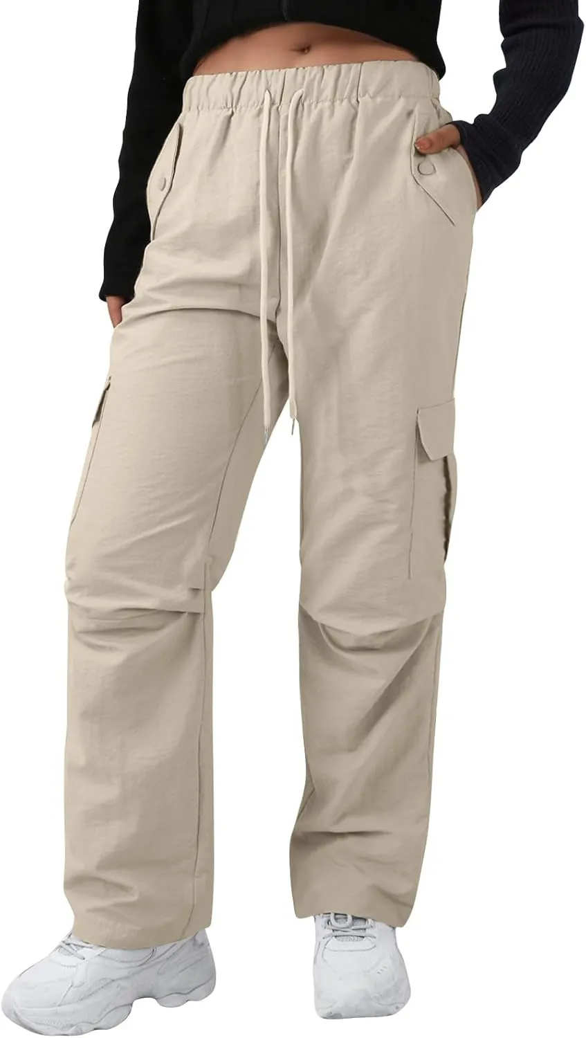 Cargo Pants Women Quick Dry Baggy Hiking Pants Elastic High Waist Drawstring Lightweight Y2K Clothes with Pockets