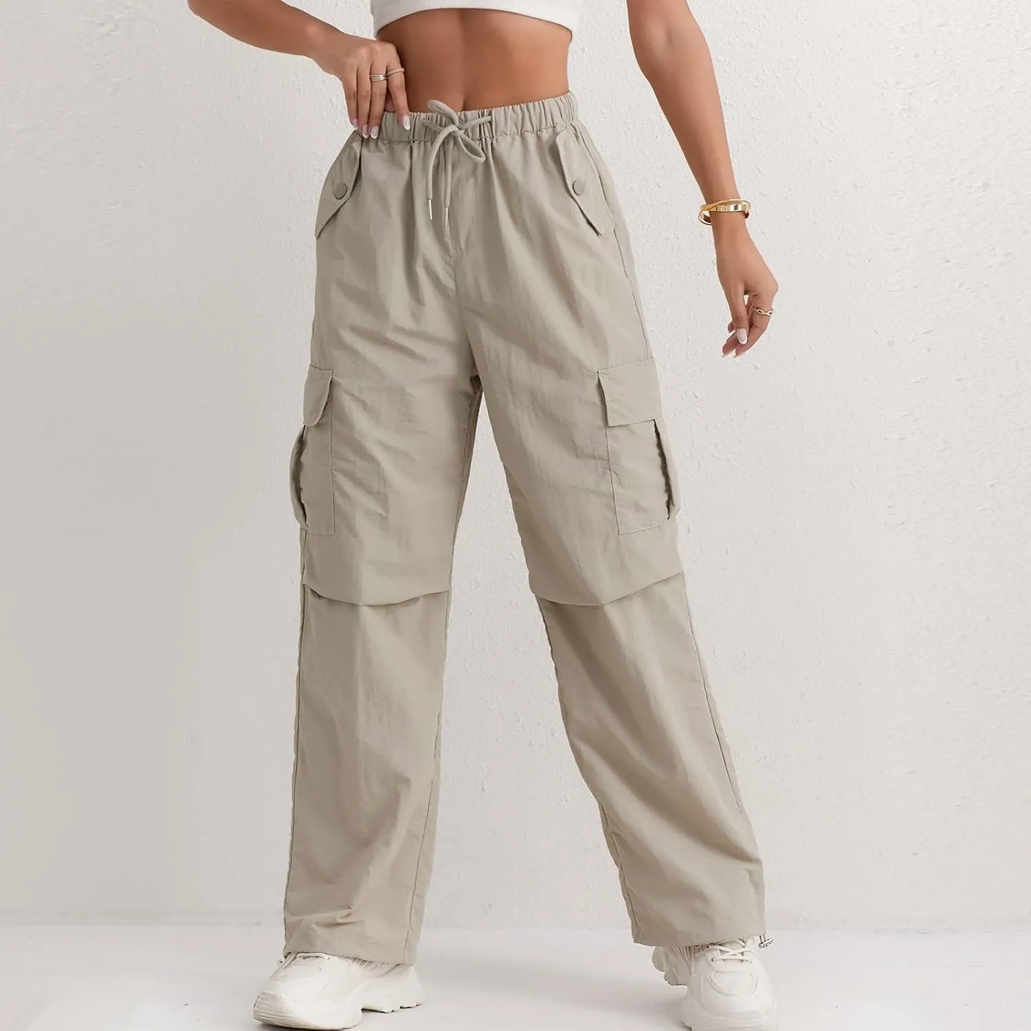 Cargo Pants Women Quick Dry Baggy Hiking Pants Elastic High Waist Drawstring Lightweight Y2K Clothes with Pockets