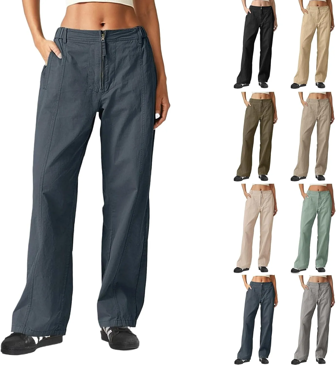 Cargo Pants Women Zip Front Parachute Pants Baggy Wide Leg Pant with Pocket Y2K Straight Leg Chinos Pant