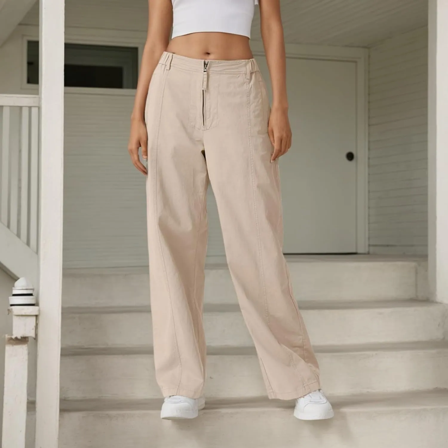 Cargo Pants Women Zip Front Parachute Pants Baggy Wide Leg Pant with Pocket Y2K Straight Leg Chinos Pant