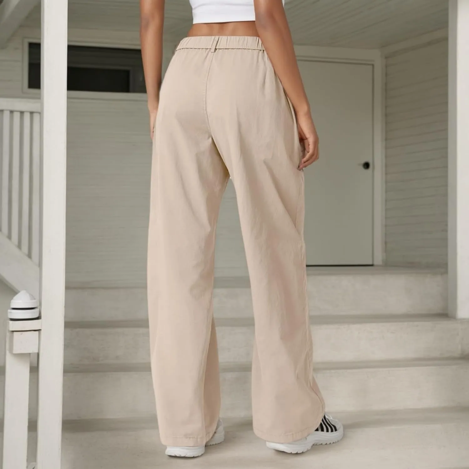 Cargo Pants Women Zip Front Parachute Pants Baggy Wide Leg Pant with Pocket Y2K Straight Leg Chinos Pant