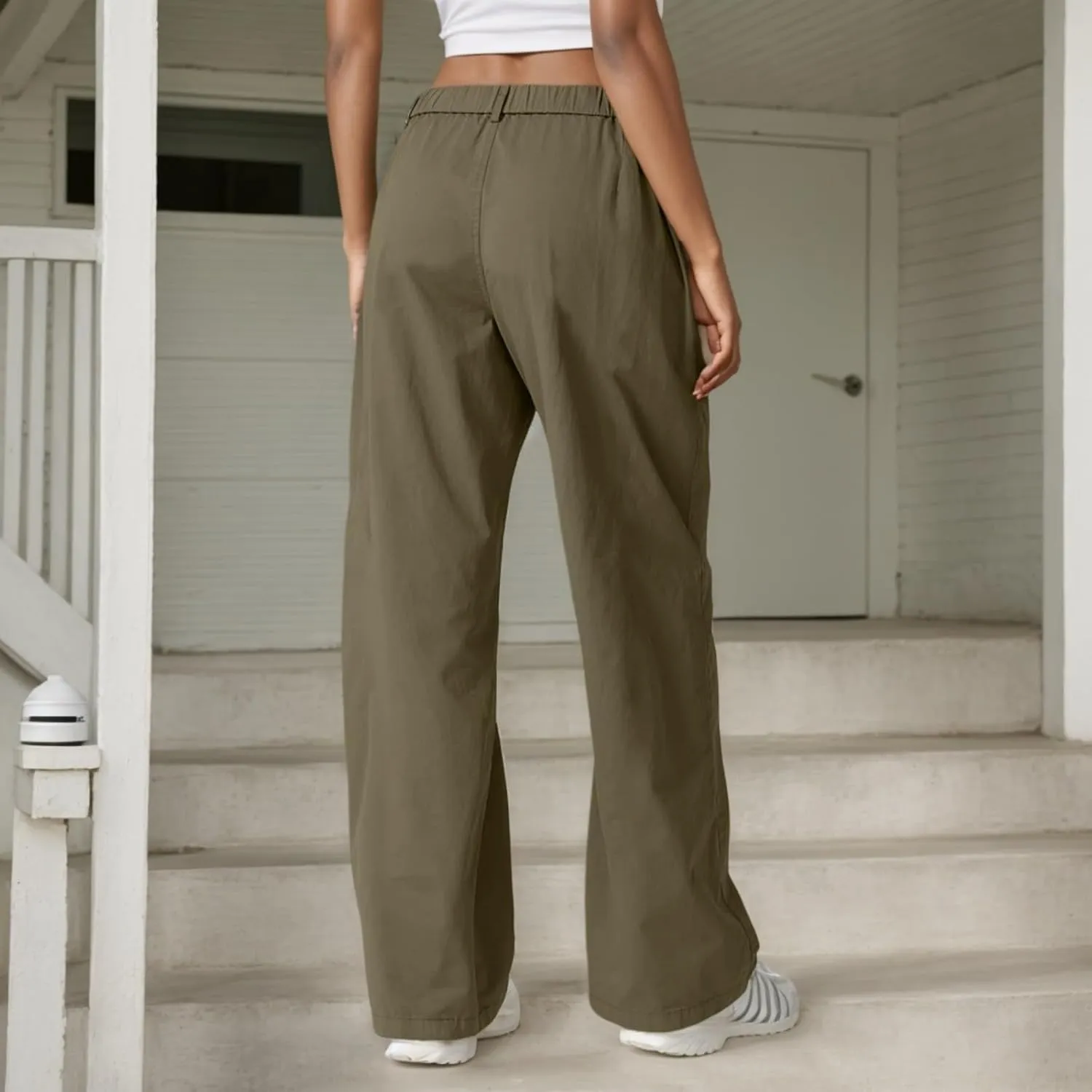 Cargo Pants Women Zip Front Parachute Pants Baggy Wide Leg Pant with Pocket Y2K Straight Leg Chinos Pant