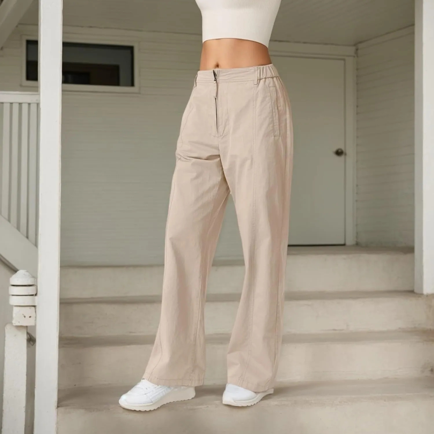 Cargo Pants Women Zip Front Parachute Pants Baggy Wide Leg Pant with Pocket Y2K Straight Leg Chinos Pant