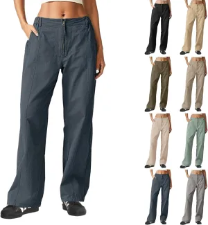 Cargo Pants Women Zip Front Parachute Pants Baggy Wide Leg Pant with Pocket Y2K Straight Leg Chinos Pant