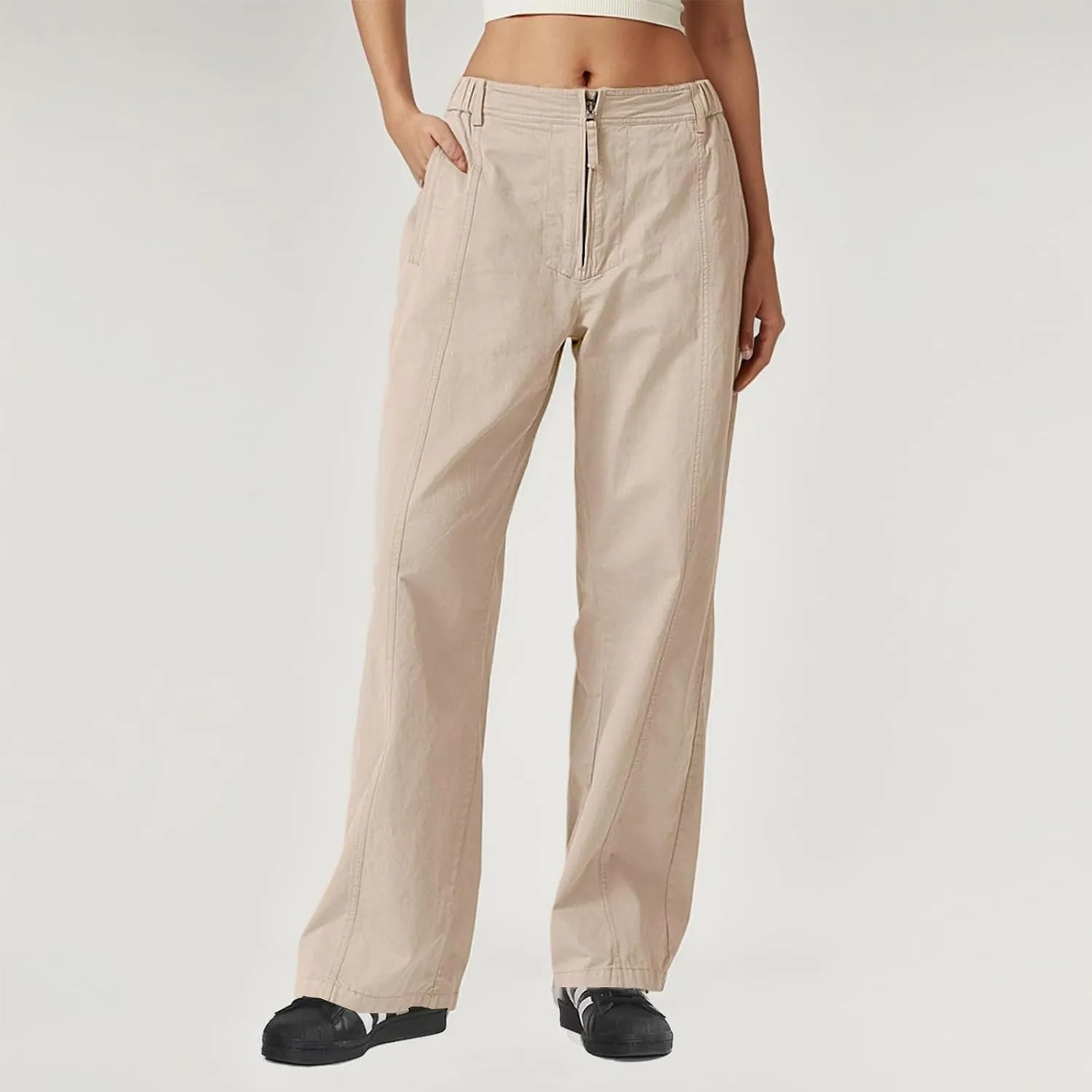 Cargo Pants Women Zip Front Parachute Pants Baggy Wide Leg Pant with Pocket Y2K Straight Leg Chinos Pant