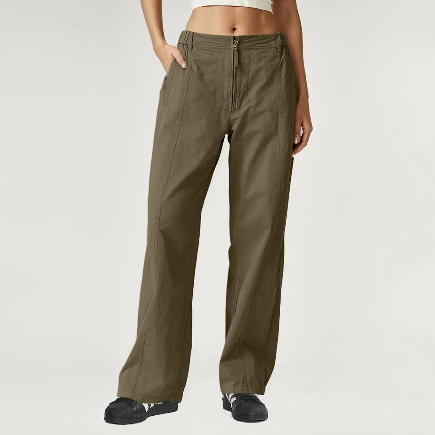 Cargo Pants Women Zip Front Parachute Pants Baggy Wide Leg Pant with Pocket Y2K Straight Leg Chinos Pant