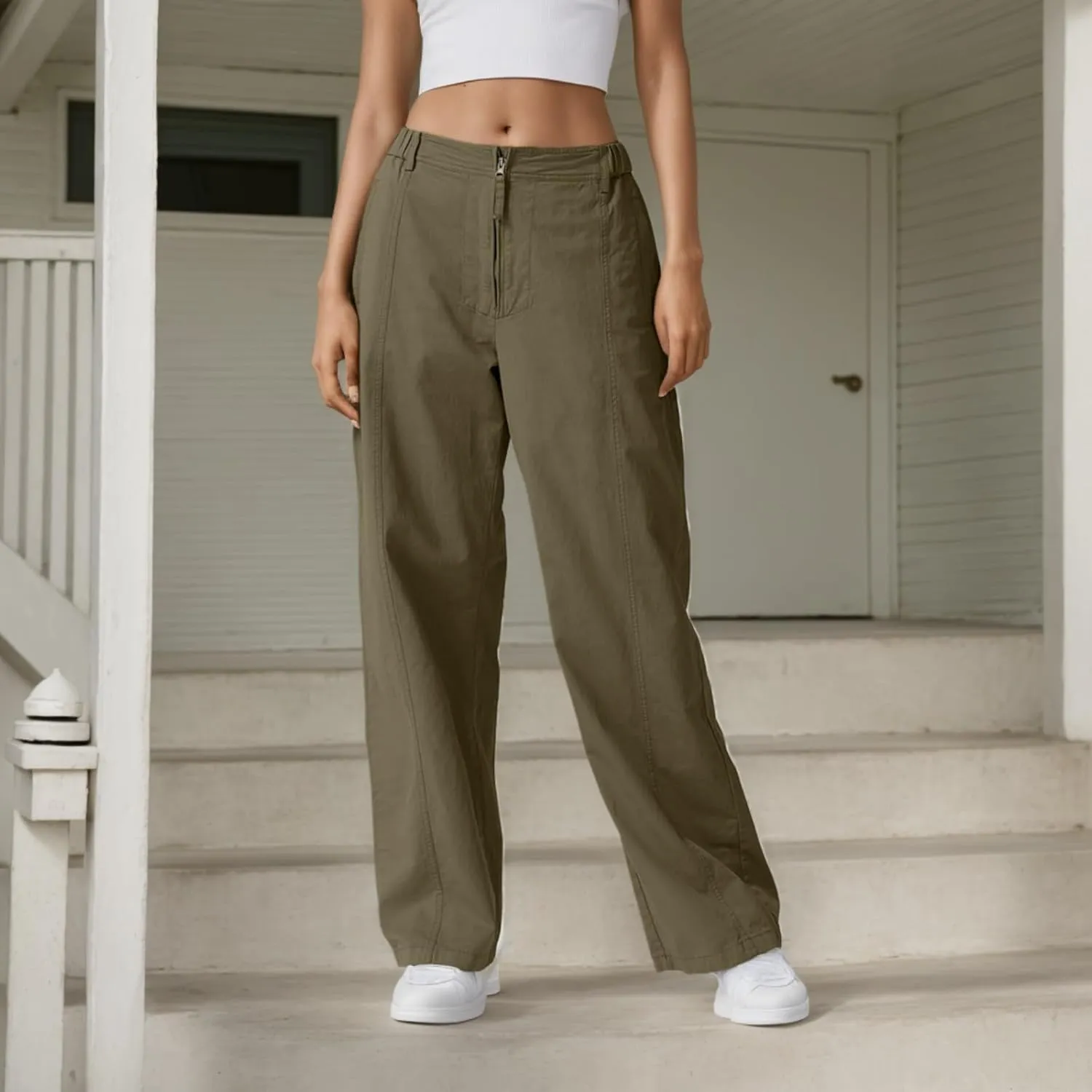 Cargo Pants Women Zip Front Parachute Pants Baggy Wide Leg Pant with Pocket Y2K Straight Leg Chinos Pant