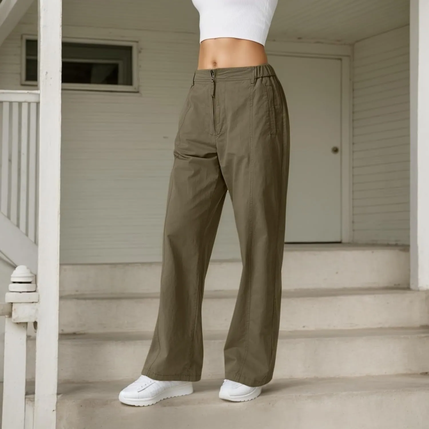 Cargo Pants Women Zip Front Parachute Pants Baggy Wide Leg Pant with Pocket Y2K Straight Leg Chinos Pant
