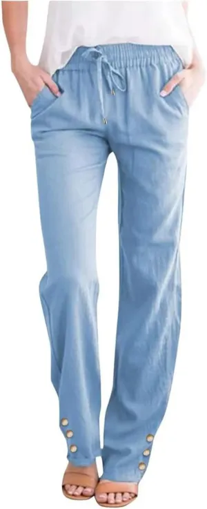 Casual Cotton Linen Pants for Women Summer Loose Fit Straight Leg Trousers Drawstring Elastic Waist Beach Pants