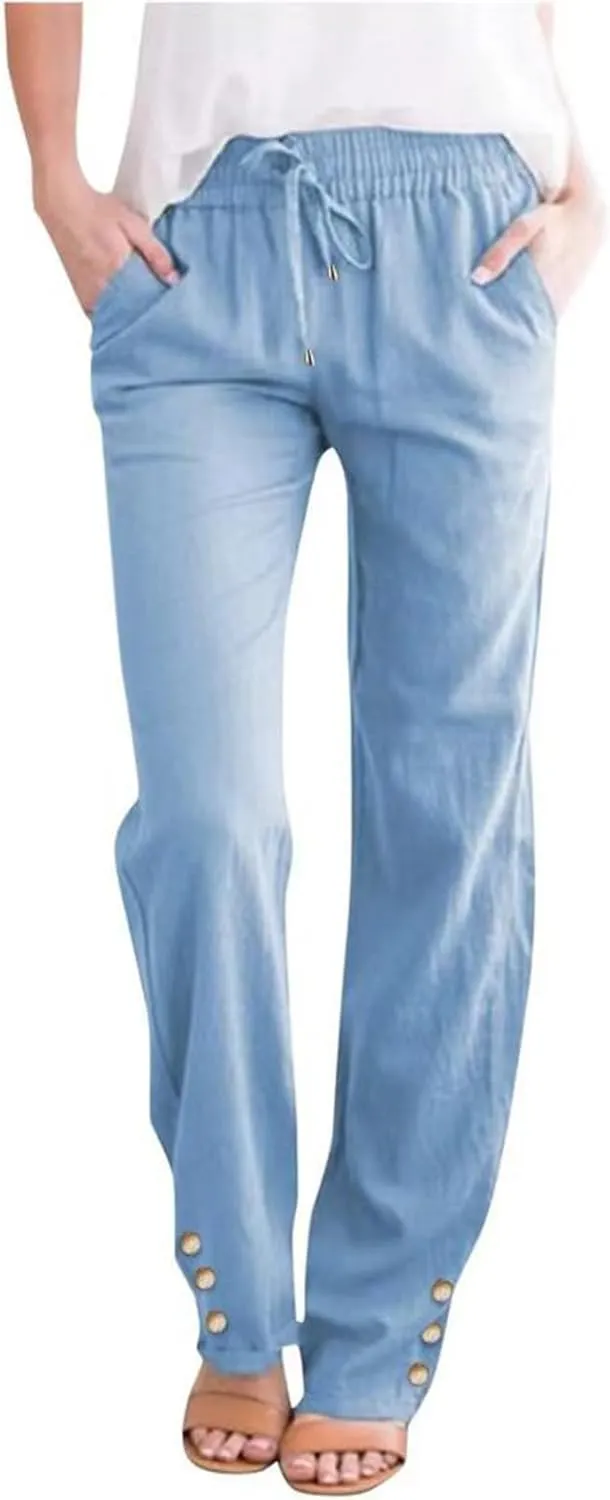 Casual Cotton Linen Pants for Women Summer Loose Fit Straight Leg Trousers Drawstring Elastic Waist Beach Pants