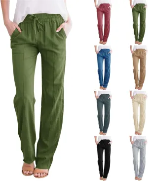 Casual Linen Pants Women Summer Trendy Drawstring Waist Plus Size Pants Lightweight Baggy Lounge Pants with Pockets
