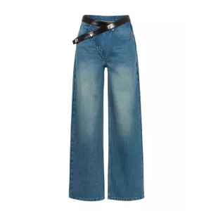 Casual Loose Denim Pants For Women High Waist Patchwork Belt Irregular Designer Straight Leg Jeans Female Fashion