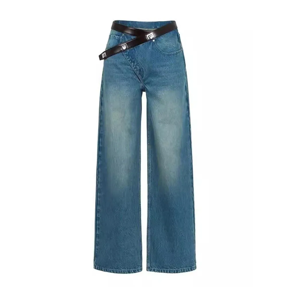 Casual Loose Denim Pants For Women High Waist Patchwork Belt Irregular Designer Straight Leg Jeans Female Fashion