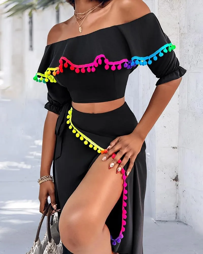 ChicMe Womens Summer Maxi Dress Off The Shoulder Dip Hem Tassel Front Slit Dress Crop top and Skirt Set