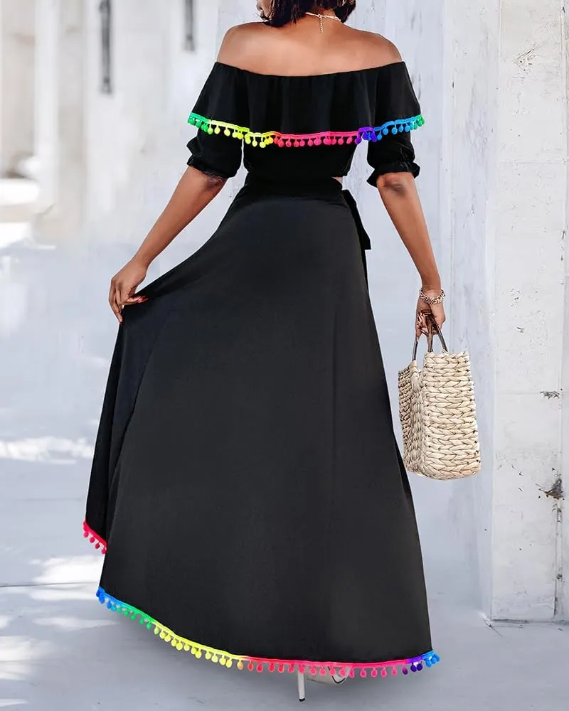 ChicMe Womens Summer Maxi Dress Off The Shoulder Dip Hem Tassel Front Slit Dress Crop top and Skirt Set