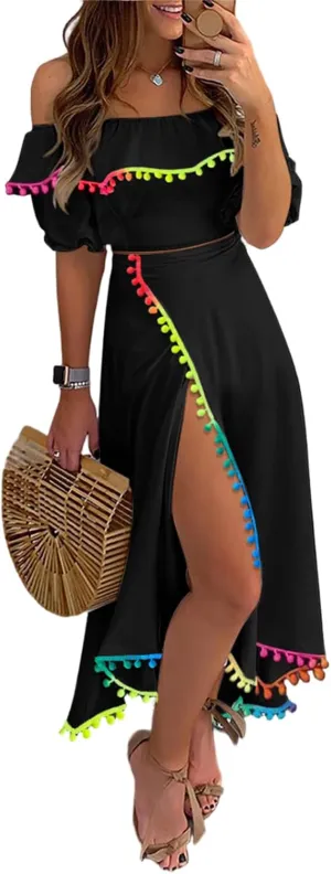 ChicMe Womens Summer Maxi Dress Off The Shoulder Dip Hem Tassel Front Slit Dress Crop top and Skirt Set